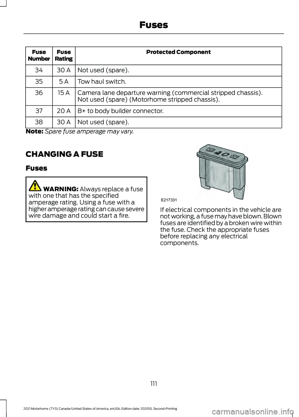FORD F-59 2021  Owners Manual Protected Component
Fuse
Rating
Fuse
Number
Not used (spare).
30 A
34
Tow haul switch.
5 A
35
Camera lane departure warning (commercial stripped chassis).
15 A
36
Not used (spare) (Motorhome stripped 
