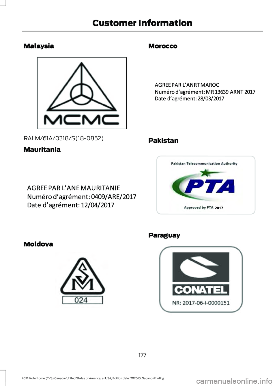 FORD F-59 2021 Owners Manual Malaysia
RALM/61A/0318/S(18-0852)
Mauritania
Moldova Morocco
Pakistan
Paraguay
177
2021 Motorhome (TY3) Canada/United States of America, enUSA, Edition date: 202010, Second-Printing Customer Informati FORD F-59 2021 Owners Manual Malaysia
RALM/61A/0318/S(18-0852)
Mauritania
Moldova Morocco
Pakistan
Paraguay
177
2021 Motorhome (TY3) Canada/United States of America, enUSA, Edition date: 202010, Second-Printing Customer Informati