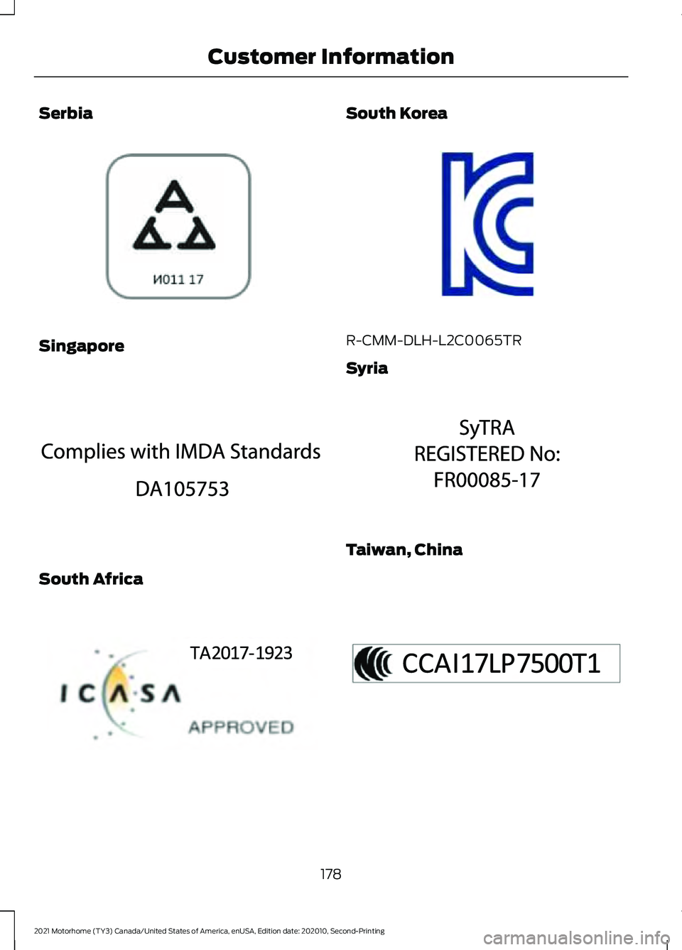 FORD F-59 2021  Owners Manual Serbia
Singapore
South Africa South Korea
R-CMM-DLH-L2C0065TR
Syria
Taiwan, China
178
2021 Motorhome (TY3) Canada/United States of America, enUSA, Edition date: 202010, Second-Printing Customer Inform