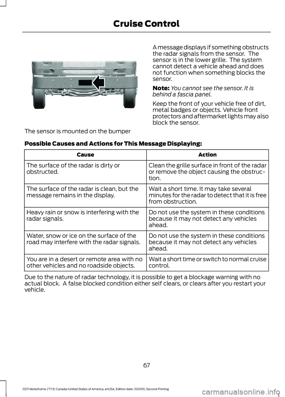 FORD F-59 2021 Owners Manual The sensor is mounted on the bumper
A message displays if something obstructs
the radar signals from the sensor. The
sensor is in the lower grille. The system
cannot detect a vehicle ahead and does
FORD F-59 2021 Owners Manual The sensor is mounted on the bumper
A message displays if something obstructs
the radar signals from the sensor. The
sensor is in the lower grille. The system
cannot detect a vehicle ahead and does