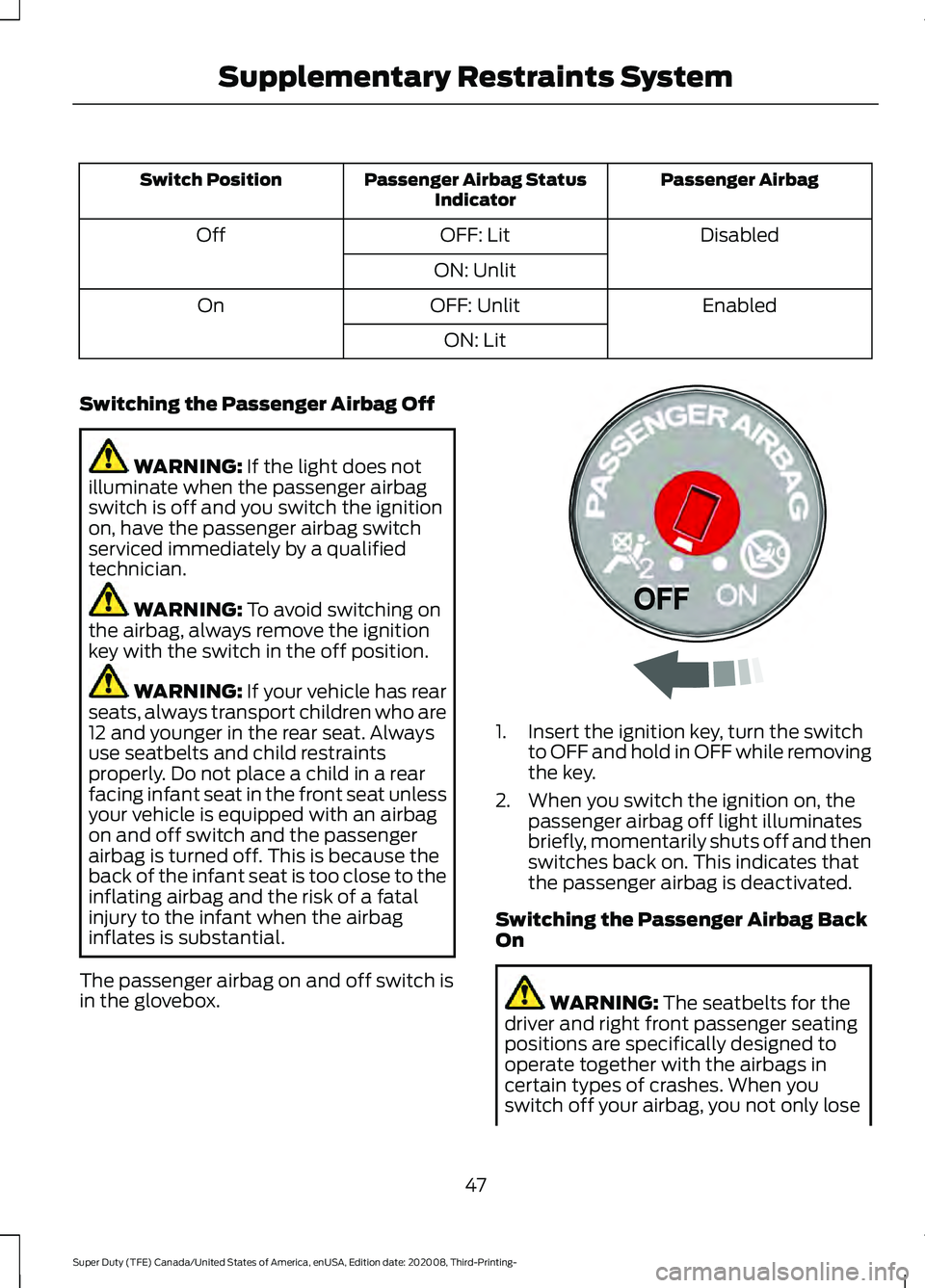 FORD F-600 2021 Owners Manual Passenger Airbag
Passenger Airbag Status
Indicator
Switch Position
Disabled
OFF: Lit
Off
ON: Unlit Enabled
OFF: Unlit
On
ON: Lit
Switching the Passenger Airbag Off WARNING: If the light does not
illum FORD F-600 2021 Owners Manual Passenger Airbag
Passenger Airbag Status
Indicator
Switch Position
Disabled
OFF: Lit
Off
ON: Unlit Enabled
OFF: Unlit
On
ON: Lit
Switching the Passenger Airbag Off WARNING: If the light does not
illum