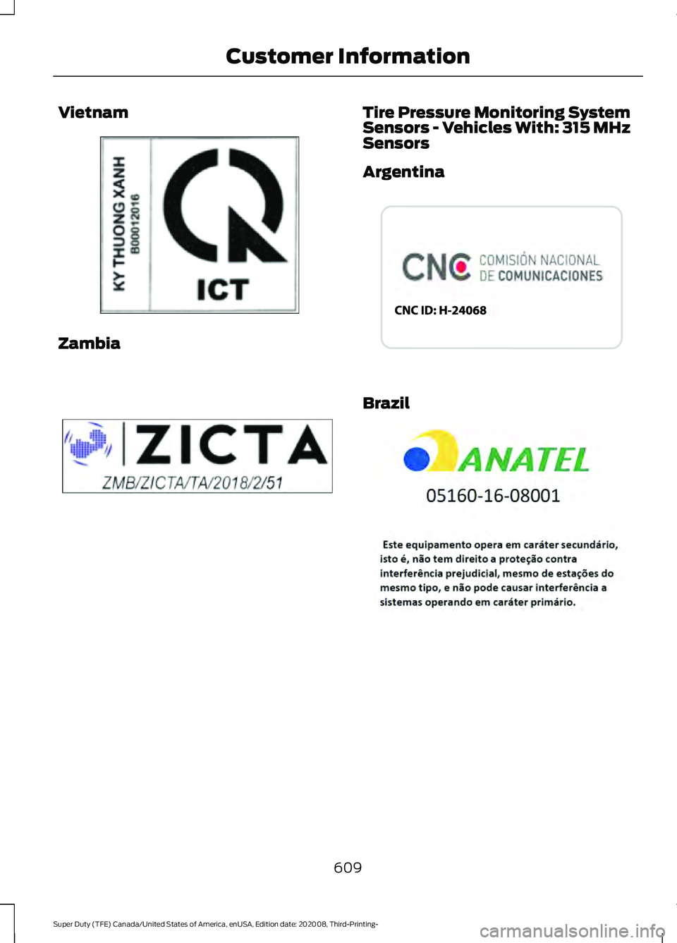 FORD F-600 2021  Owners Manual Vietnam
Zambia Tire Pressure Monitoring System
Sensors - Vehicles With: 315 MHz
Sensors
Argentina
Brazil
609
Super Duty (TFE) Canada/United States of America, enUSA, Edition date: 202008, Third-Printi