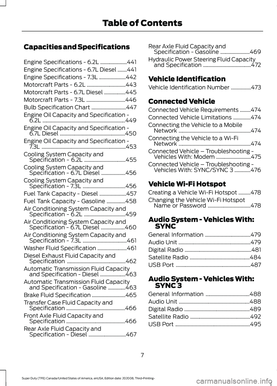 FORD F-600 2021 Owners Manual Capacities and Specifications
Engine Specifications - 6.2L
....................441
Engine Specifications - 6.7L Diesel .......
441
Engine Specifications - 7.3L ....................
442
Motorcraft Part FORD F-600 2021 Owners Manual Capacities and Specifications
Engine Specifications - 6.2L
....................441
Engine Specifications - 6.7L Diesel .......
441
Engine Specifications - 7.3L ....................
442
Motorcraft Part