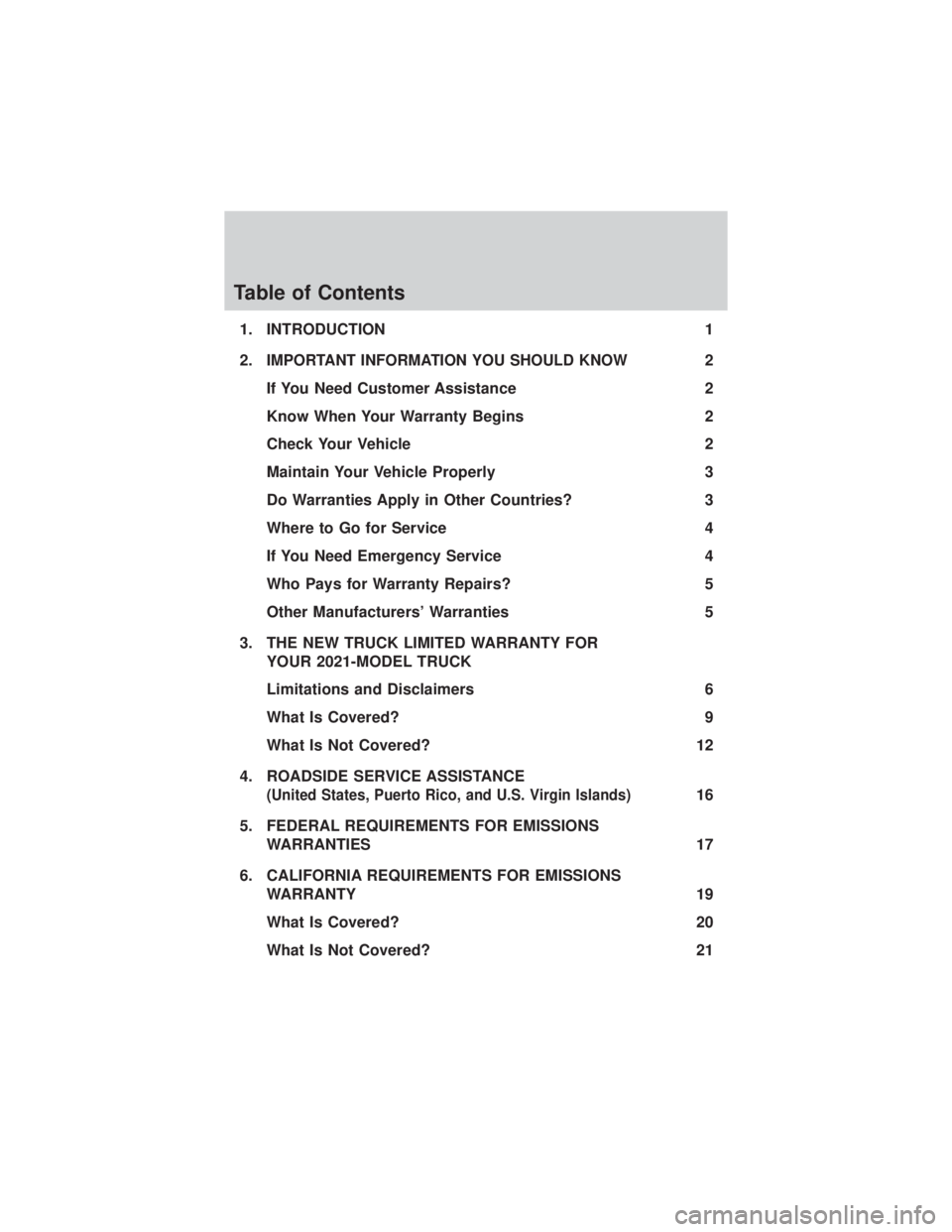 FORD F-600 2021  Warranty Guide Table of Contents
1. INTRODUCTION1
2.
IMPORTANT INFORMATION YOU SHOULD KNOW2
If You Need Customer Assistance 2
Know When Your Warranty Begins 2
Check Your Vehicle 2
Maintain Your Vehicle Properly 3
Do