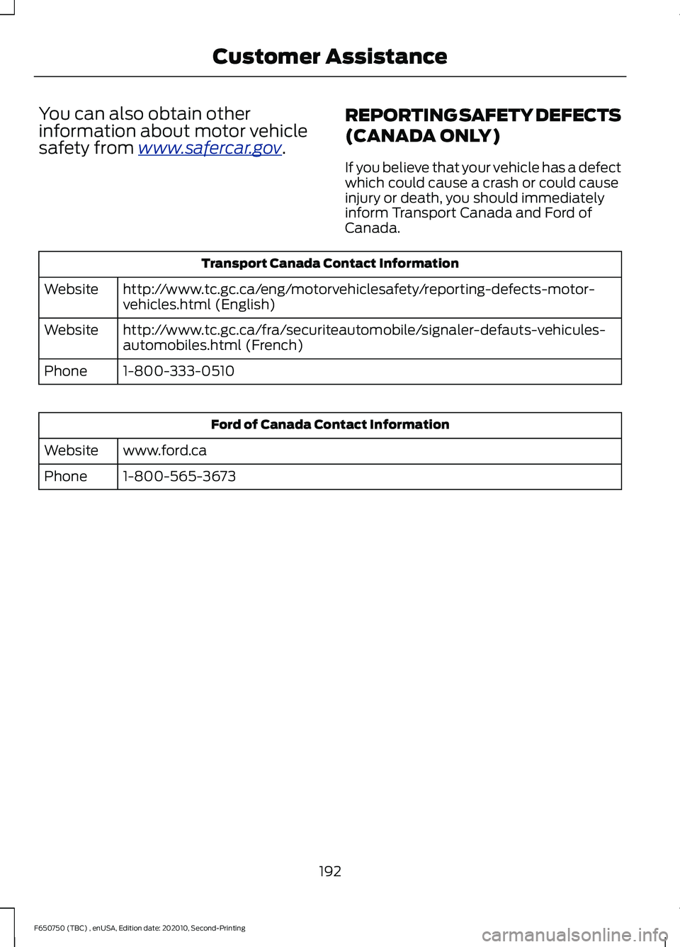 FORD F650/750 2021 Owners Manual You can also obtain other
information about motor vehicle
safety from www
.s a f er c ar .g o v .
REPORTING SAFETY DEFECTS
(CANADA ONLY)
If you believe that your vehicle has a defect
which could cause FORD F650/750 2021 Owners Manual You can also obtain other
information about motor vehicle
safety from www
.s a f er c ar .g o v .
REPORTING SAFETY DEFECTS
(CANADA ONLY)
If you believe that your vehicle has a defect
which could cause
