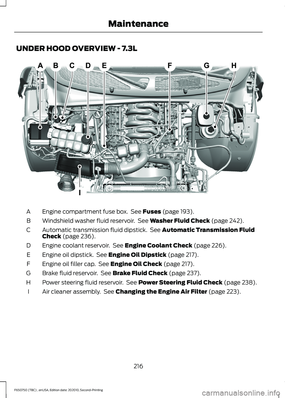 FORD F650/750 2021 Owners Manual UNDER HOOD OVERVIEW - 7.3L
Engine compartment fuse box. See Fuses (page 193).
A
Windshield washer fluid reservoir. See
Washer Fluid Check (page 242).
B
Automatic transmission fluid dipstick. See
FORD F650/750 2021 Owners Manual UNDER HOOD OVERVIEW - 7.3L
Engine compartment fuse box. See Fuses (page 193).
A
Windshield washer fluid reservoir. See
Washer Fluid Check (page 242).
B
Automatic transmission fluid dipstick. See