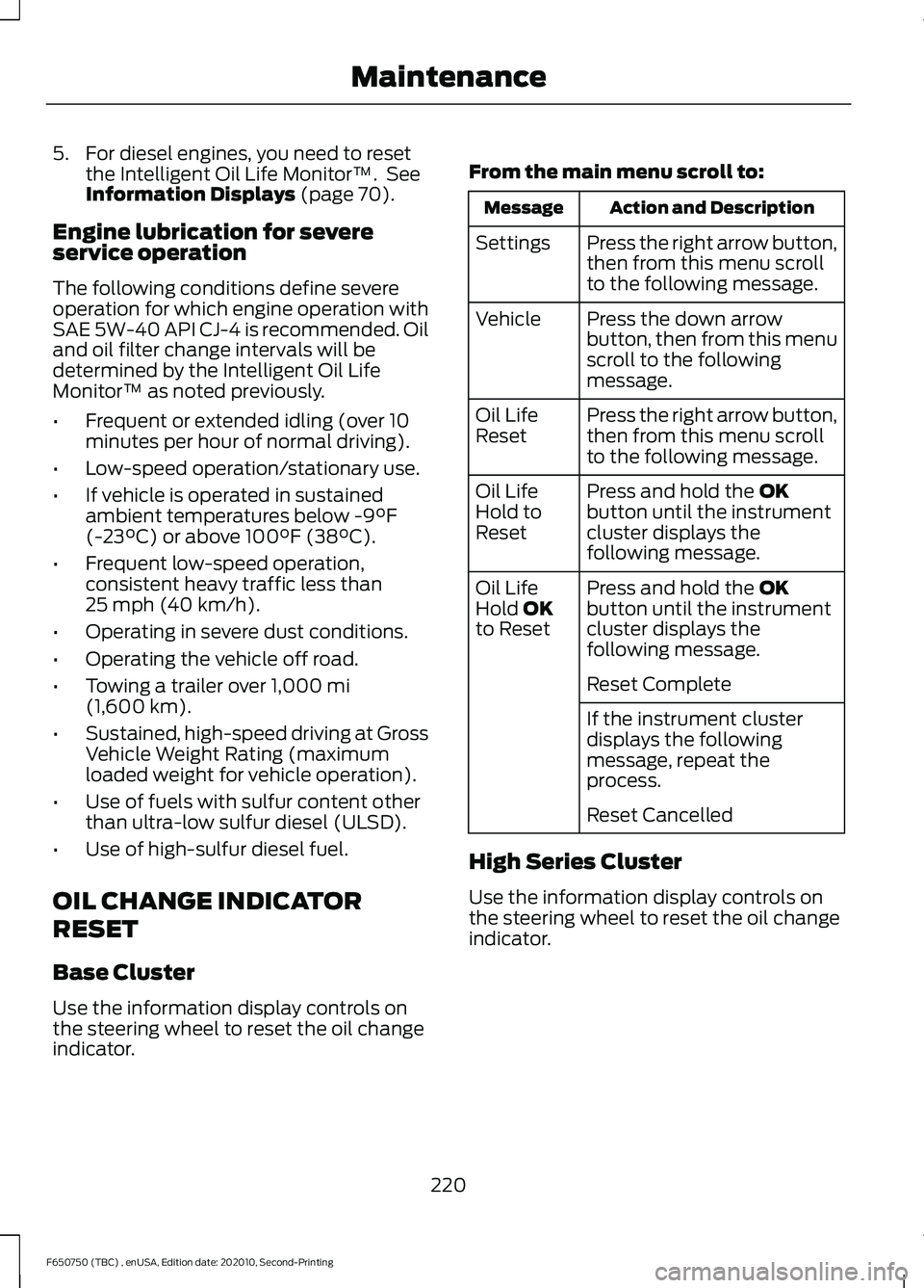 FORD F650/750 2021 Owners Manual 5. For diesel engines, you need to reset
the Intelligent Oil Life Monitor™. See
Information Displays (page 70).
Engine lubrication for severe
service operation
The following conditions define sever FORD F650/750 2021 Owners Manual 5. For diesel engines, you need to reset
the Intelligent Oil Life Monitor™. See
Information Displays (page 70).
Engine lubrication for severe
service operation
The following conditions define sever