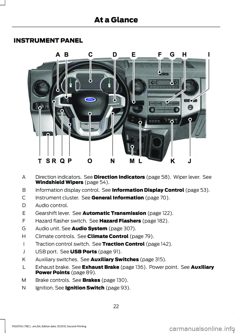 FORD F650/750 2021  Owners Manual INSTRUMENT PANEL
Direction indicators.  See Direction Indicators (page 58).  Wiper lever.  See
Windshield Wipers (page 54).
A
Information display control.  See 
Information Display Control (page 53).
