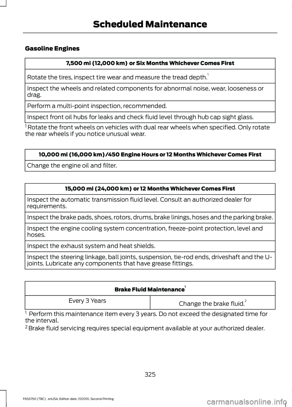 FORD F650/750 2021 Repair Manual Gasoline Engines
7,500 mi (12,000 km) or Six Months Whichever Comes First
Rotate the tires, inspect tire wear and measure the tread depth. 1
Inspect the wheels and related components for abnormal noi FORD F650/750 2021 Repair Manual Gasoline Engines
7,500 mi (12,000 km) or Six Months Whichever Comes First
Rotate the tires, inspect tire wear and measure the tread depth. 1
Inspect the wheels and related components for abnormal noi