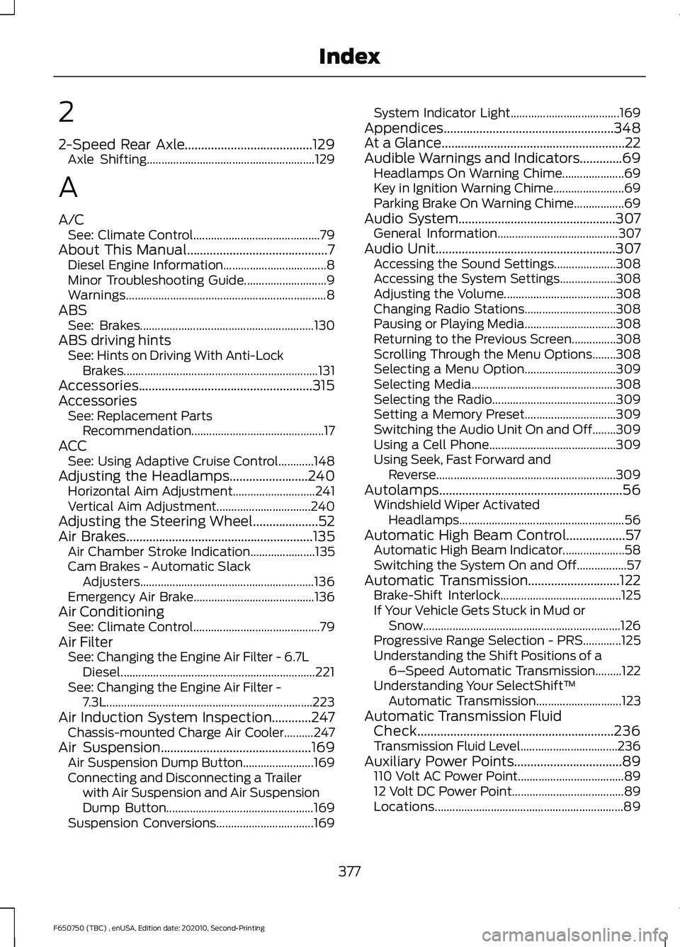 FORD F650/750 2021 Owners Manual 2
2-Speed Rear Axle.......................................129
Axle Shifting......................................................... 129
A
A/C See: Climate Control..................................... FORD F650/750 2021 Owners Manual 2
2-Speed Rear Axle.......................................129
Axle Shifting......................................................... 129
A
A/C See: Climate Control.....................................