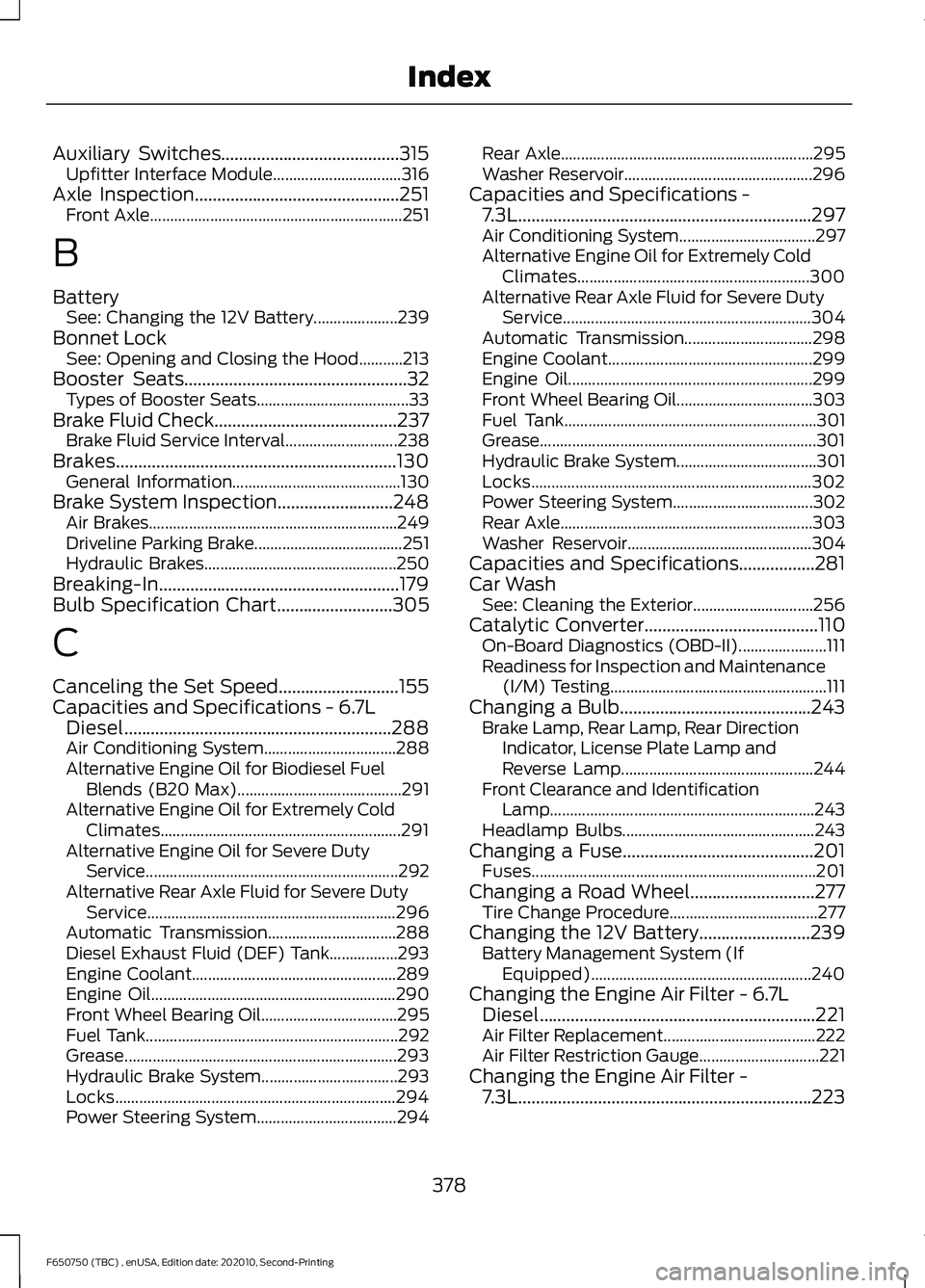 FORD F650/750 2021 User Guide Auxiliary Switches........................................315
Upfitter Interface Module................................ 316
Axle Inspection..............................................251
Front Axle. FORD F650/750 2021 User Guide Auxiliary Switches........................................315
Upfitter Interface Module................................ 316
Axle Inspection..............................................251
Front Axle.