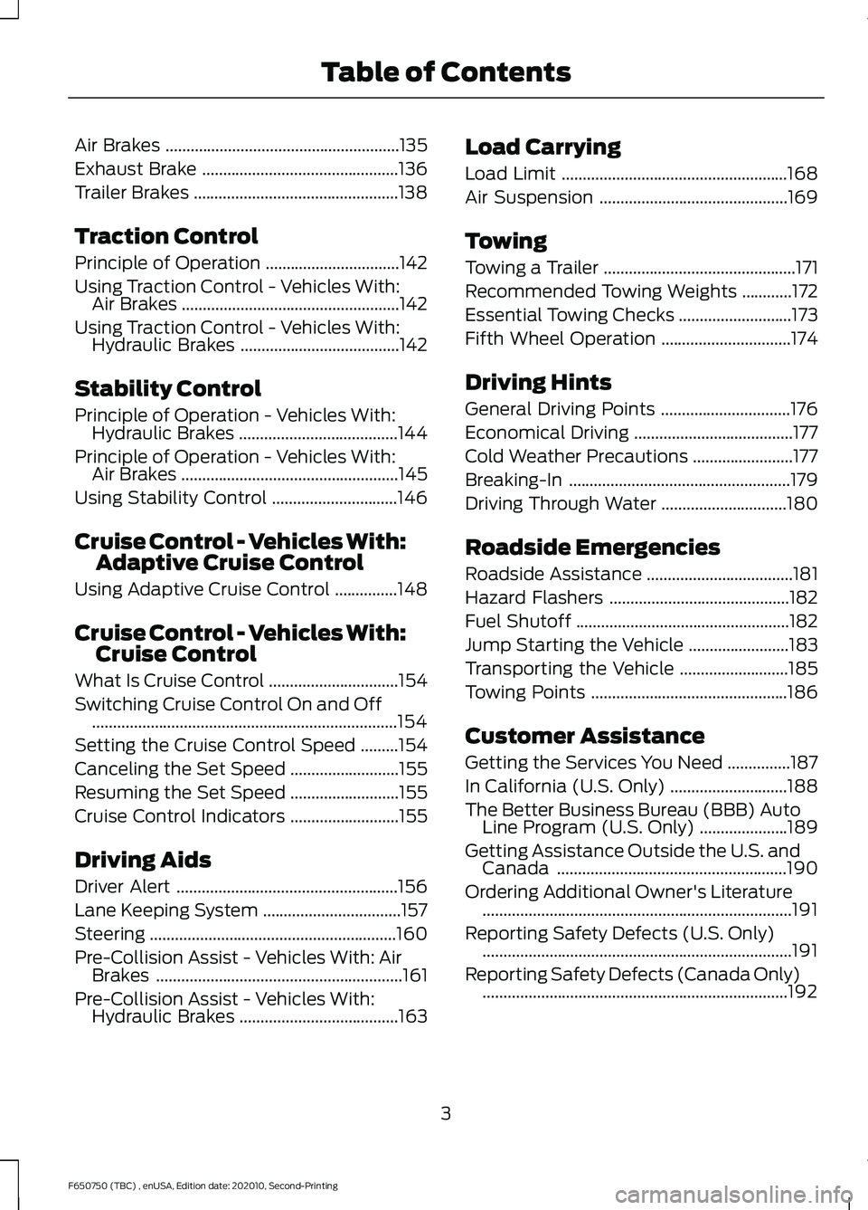 FORD F650/750 2021 Owners Manual Air Brakes
........................................................135
Exhaust Brake ...............................................
136
Trailer Brakes ................................................ FORD F650/750 2021 Owners Manual Air Brakes
........................................................135
Exhaust Brake ...............................................
136
Trailer Brakes ................................................