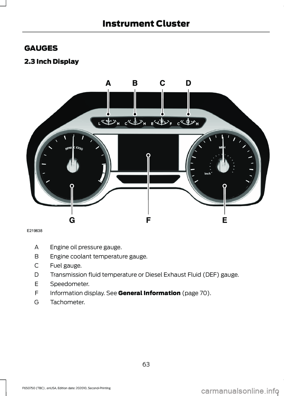 FORD F650/750 2021 Owners Manual GAUGES
2.3 Inch Display
Engine oil pressure gauge.
A
Engine coolant temperature gauge.
B
Fuel gauge.
C
Transmission fluid temperature or Diesel Exhaust Fluid (DEF) gauge.
D
Speedometer.
E
Information FORD F650/750 2021 Owners Manual GAUGES
2.3 Inch Display
Engine oil pressure gauge.
A
Engine coolant temperature gauge.
B
Fuel gauge.
C
Transmission fluid temperature or Diesel Exhaust Fluid (DEF) gauge.
D
Speedometer.
E
Information