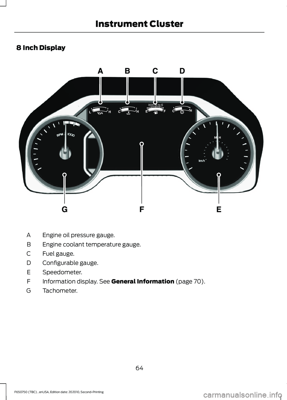 FORD F650/750 2021  Owners Manual 8 Inch Display
Engine oil pressure gauge.
A
Engine coolant temperature gauge.
B
Fuel gauge.
C
Configurable gauge.
D
Speedometer.
E
Information display. See General Information (page 70).
F
Tachometer.