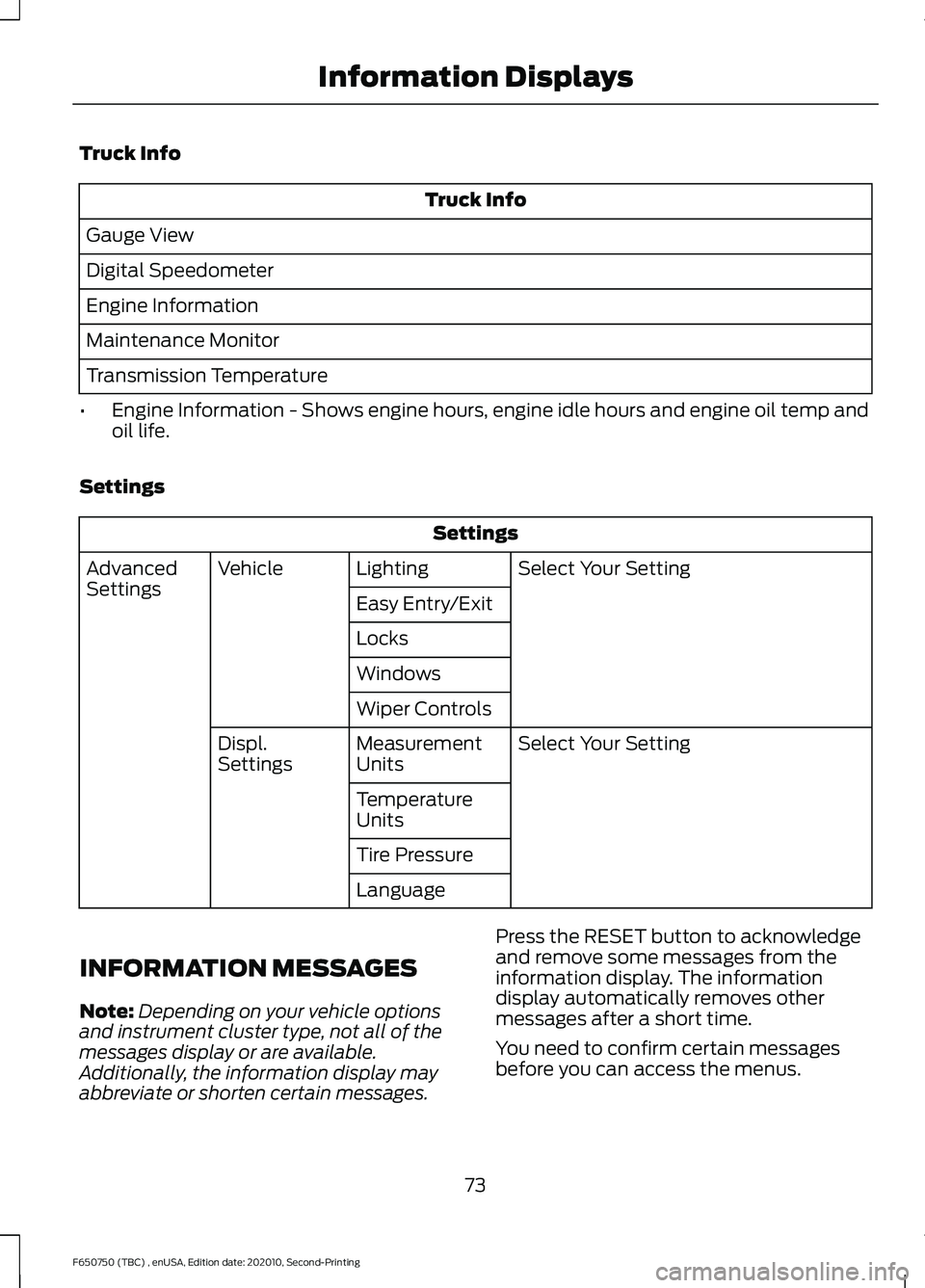FORD F650/750 2021 Owners Manual Truck Info
Truck Info
Gauge View
Digital Speedometer
Engine Information
Maintenance Monitor
Transmission Temperature
• Engine Information - Shows engine hours, engine idle hours and engine oil temp FORD F650/750 2021 Owners Manual Truck Info
Truck Info
Gauge View
Digital Speedometer
Engine Information
Maintenance Monitor
Transmission Temperature
• Engine Information - Shows engine hours, engine idle hours and engine oil temp
