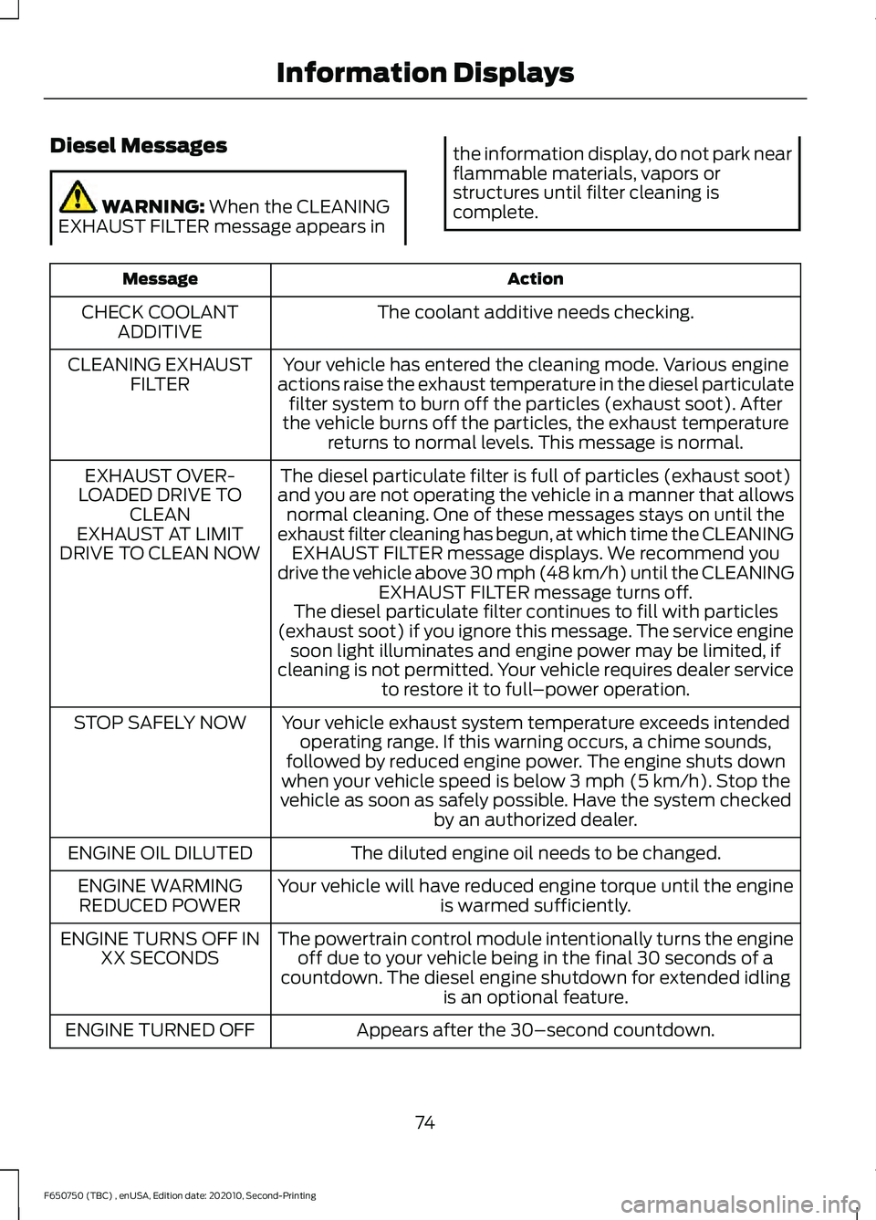 FORD F650/750 2021 Owners Manual Diesel Messages
WARNING: When the CLEANING
EXHAUST FILTER message appears in the information display, do not park near
flammable materials, vapors or
structures until filter cleaning is
complete.
Acti FORD F650/750 2021 Owners Manual Diesel Messages
WARNING: When the CLEANING
EXHAUST FILTER message appears in the information display, do not park near
flammable materials, vapors or
structures until filter cleaning is
complete.
Acti