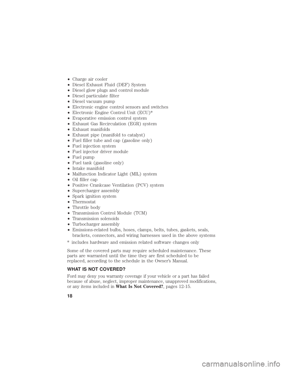 FORD F650/750 2021  Warranty Guide •Charge air cooler
• Diesel Exhaust Fluid (DEF) System
• Diesel glow plugs and control module
• Diesel particulate filter
• Diesel vacuum pump
• Electronic engine control sensors and switc