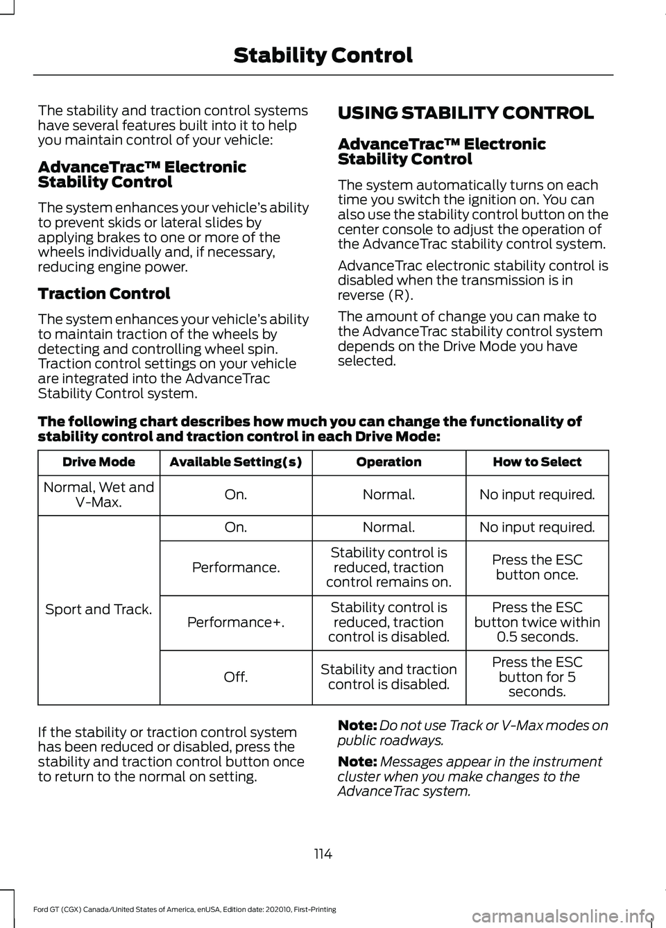 FORD GT 2021 Service Manual The stability and traction control systems
have several features built into it to help
you maintain control of your vehicle:
AdvanceTrac
™ Electronic
Stability Control
The system enhances your vehic FORD GT 2021 Service Manual The stability and traction control systems
have several features built into it to help
you maintain control of your vehicle:
AdvanceTrac
™ Electronic
Stability Control
The system enhances your vehic