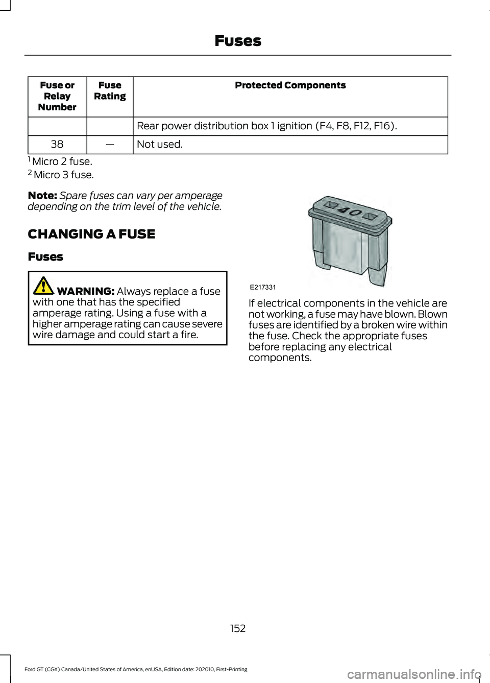 FORD GT 2021 Owners Manual Protected Components
Fuse
Rating
Fuse or
Relay
Number
Rear power distribution box 1 ignition (F4, F8, F12, F16).
Not used.
—
38
1 Micro 2 fuse.
2 Micro 3 fuse.
Note: Spare fuses can vary per amper FORD GT 2021 Owners Manual Protected Components
Fuse
Rating
Fuse or
Relay
Number
Rear power distribution box 1 ignition (F4, F8, F12, F16).
Not used.
—
38
1 Micro 2 fuse.
2 Micro 3 fuse.
Note: Spare fuses can vary per amper