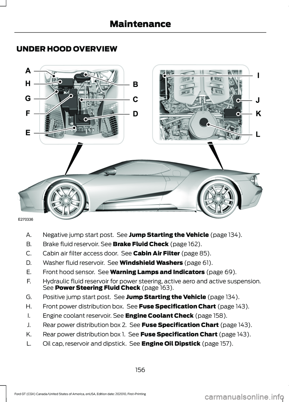 FORD GT 2021 Owners Manual UNDER HOOD OVERVIEW
Negative jump start post. See Jump Starting the Vehicle (page 134).
A.
Brake fluid reservoir.
See Brake Fluid Check (page 162).
B.
Cabin air filter access door. See
Cabin Air F FORD GT 2021 Owners Manual UNDER HOOD OVERVIEW
Negative jump start post. See Jump Starting the Vehicle (page 134).
A.
Brake fluid reservoir.
See Brake Fluid Check (page 162).
B.
Cabin air filter access door. See
Cabin Air F