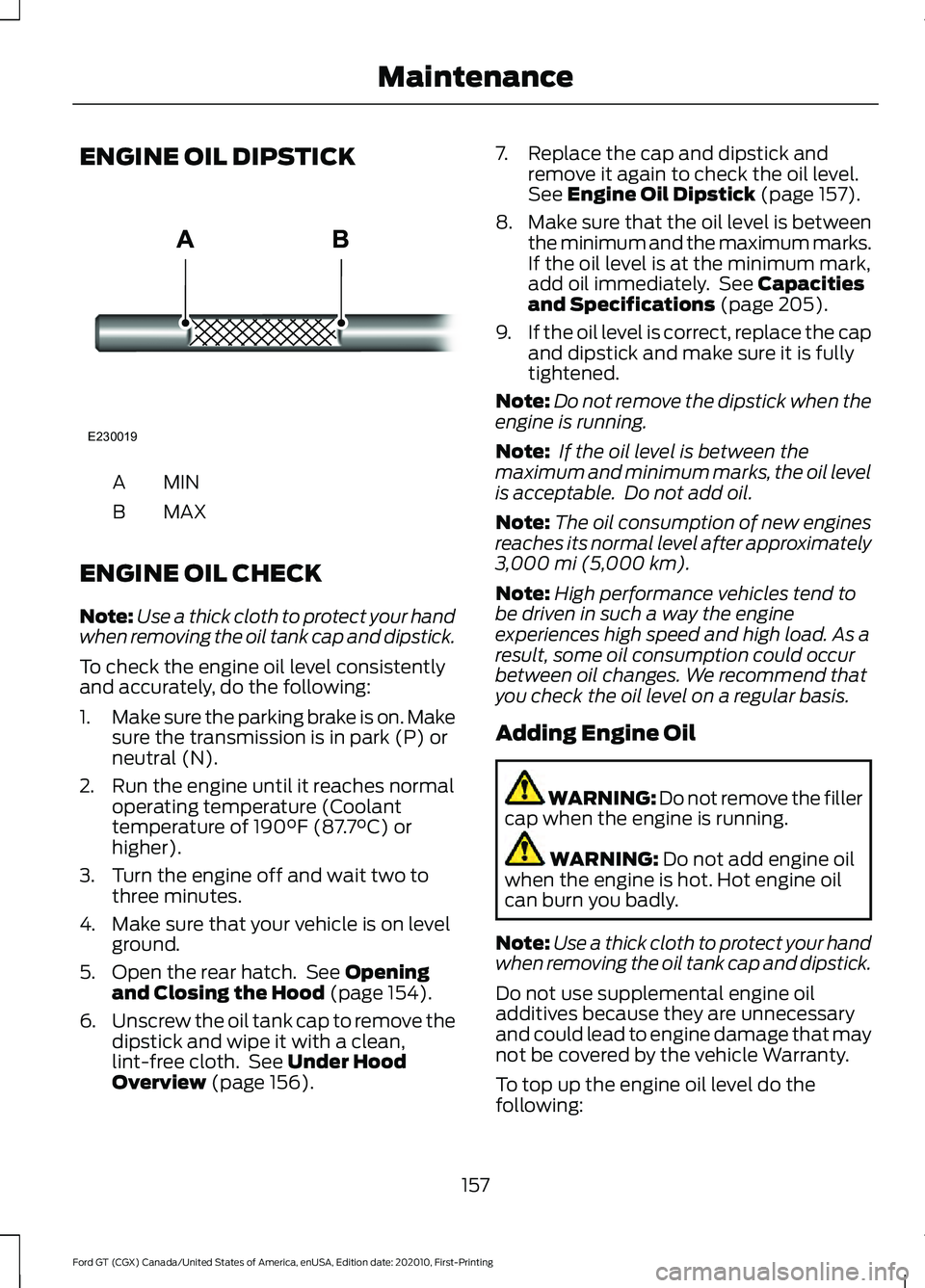 FORD GT 2021 User Guide ENGINE OIL DIPSTICK
MINA
MAX
B
ENGINE OIL CHECK
Note: Use a thick cloth to protect your hand
when removing the oil tank cap and dipstick.
To check the engine oil level consistently
and accurately, do FORD GT 2021 User Guide ENGINE OIL DIPSTICK
MINA
MAX
B
ENGINE OIL CHECK
Note: Use a thick cloth to protect your hand
when removing the oil tank cap and dipstick.
To check the engine oil level consistently
and accurately, do