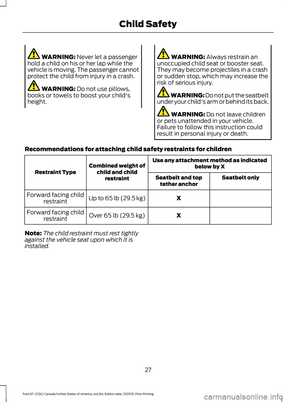 FORD GT 2021 Owners Manual WARNING: Never let a passenger
hold a child on his or her lap while the
vehicle is moving. The passenger cannot
protect the child from injury in a crash. WARNING:
Do not use pillows,
books or towels FORD GT 2021 Owners Manual WARNING: Never let a passenger
hold a child on his or her lap while the
vehicle is moving. The passenger cannot
protect the child from injury in a crash. WARNING:
Do not use pillows,
books or towels