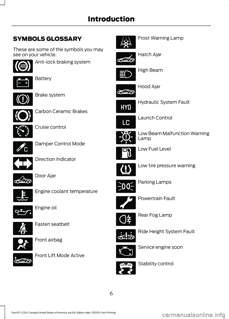FORD GT 2021 Owners Manual SYMBOLS GLOSSARY
These are some of the symbols you may
see on your vehicle.
Anti-lock braking system
Battery
Brake system
Carbon Ceramic Brakes
Cruise control
Damper Control Mode
Direction Indicator
D FORD GT 2021 Owners Manual SYMBOLS GLOSSARY
These are some of the symbols you may
see on your vehicle.
Anti-lock braking system
Battery
Brake system
Carbon Ceramic Brakes
Cruise control
Damper Control Mode
Direction Indicator
D