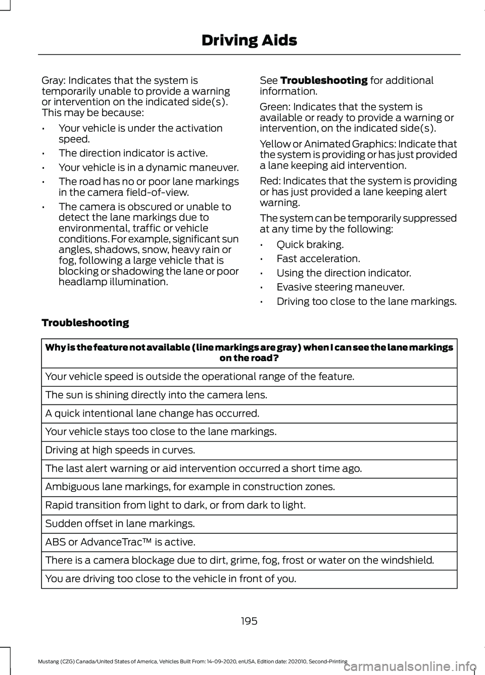 FORD MUSTANG 2021  Owners Manual Gray: Indicates that the system is
temporarily unable to provide a warning
or intervention on the indicated side(s).
This may be because:
•
Your vehicle is under the activation
speed.
• The direct