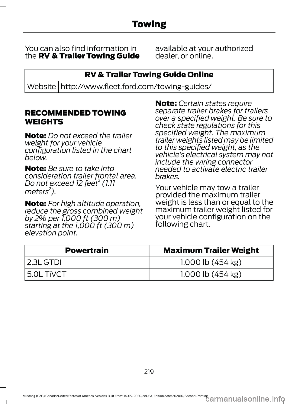 FORD MUSTANG 2021  Owners Manual You can also find information in
the RV & Trailer Towing Guide
available at your authorized
dealer, or online.RV & Trailer Towing Guide Online
http://www.fleet.ford.com/towing-guides/
Website
RECOMMEN