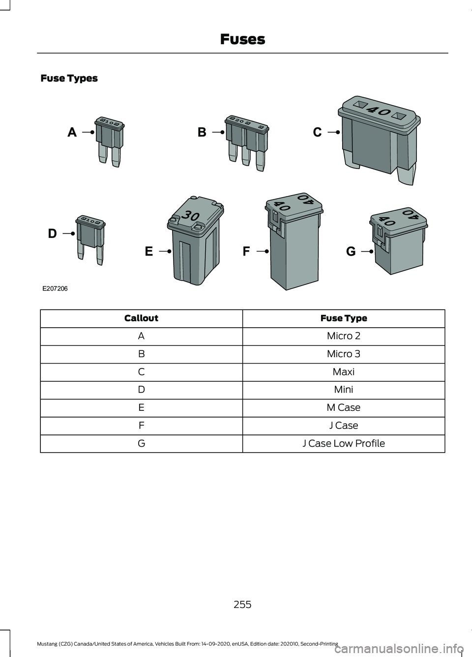 FORD MUSTANG 2021  Owners Manual Fuse Types
Fuse Type
Callout
Micro 2
A
Micro 3
B
Maxi
C
Mini
D
M Case
E
J Case
F
J Case Low Profile
G
255
Mustang (CZG) Canada/United States of America, Vehicles Built From: 14-09-2020, enUSA, Edition