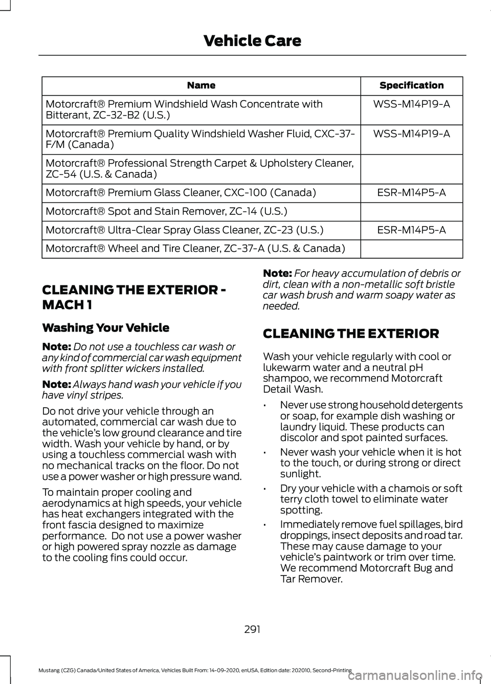 FORD MUSTANG 2021 Owners Manual Specification
Name
WSS-M14P19-A
Motorcraft® Premium Windshield Wash Concentrate with
Bitterant, ZC-32-B2 (U.S.)
WSS-M14P19-A
Motorcraft® Premium Quality Windshield Washer Fluid, CXC-37-
F/M (Canada) FORD MUSTANG 2021 Owners Manual Specification
Name
WSS-M14P19-A
Motorcraft® Premium Windshield Wash Concentrate with
Bitterant, ZC-32-B2 (U.S.)
WSS-M14P19-A
Motorcraft® Premium Quality Windshield Washer Fluid, CXC-37-
F/M (Canada)
