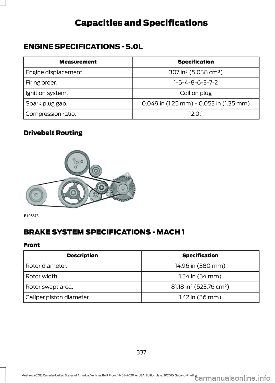 FORD MUSTANG 2021  Owners Manual ENGINE SPECIFICATIONS - 5.0L
Specification
Measurement
307 in³ (5,038 cm³)
Engine displacement.
1-5-4-8-6-3-7-2
Firing order.
Coil on plug
Ignition system.
0.049 in (1.25 mm) - 0.053 in (1.35 mm)
Sp