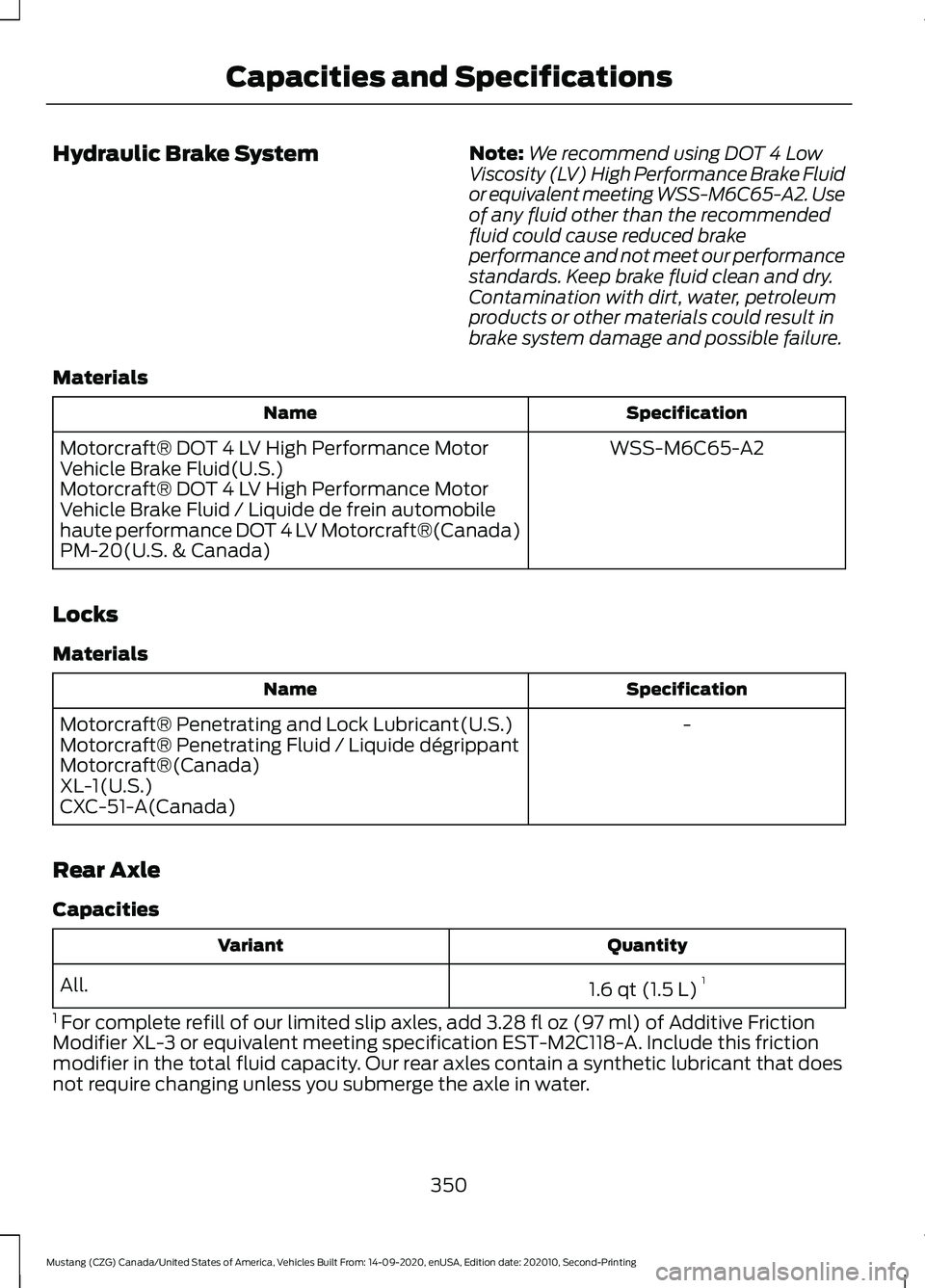 FORD MUSTANG 2021  Owners Manual Hydraulic Brake System
Note:
We recommend using DOT 4 Low
Viscosity (LV) High Performance Brake Fluid
or equivalent meeting WSS-M6C65-A2. Use
of any fluid other than the recommended
fluid could cause 