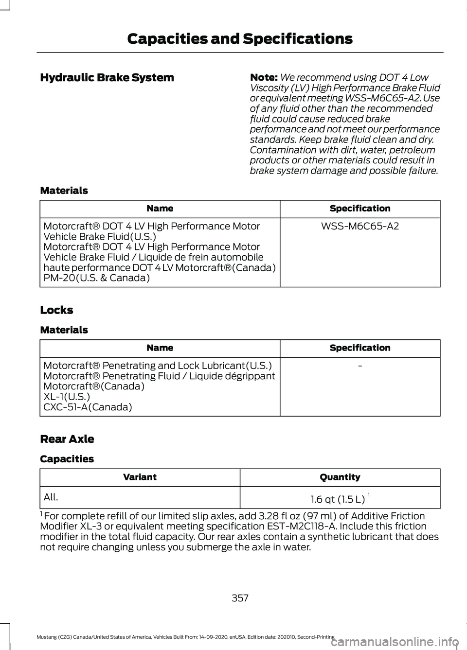 FORD MUSTANG 2021  Owners Manual Hydraulic Brake System
Note:
We recommend using DOT 4 Low
Viscosity (LV) High Performance Brake Fluid
or equivalent meeting WSS-M6C65-A2. Use
of any fluid other than the recommended
fluid could cause 
