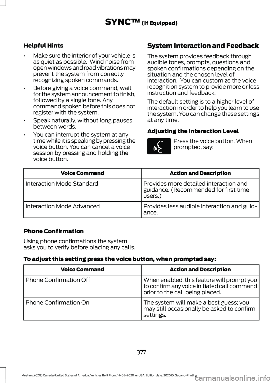FORD MUSTANG 2021  Owners Manual Helpful Hints
•
Make sure the interior of your vehicle is
as quiet as possible.  Wind noise from
open windows and road vibrations may
prevent the system from correctly
recognizing spoken commands.
