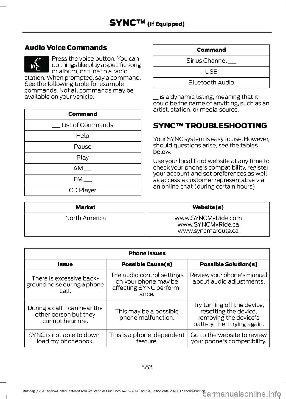 FORD MUSTANG 2021 Owners Manual Audio Voice Commands
Press the voice button. You can
do things like play a specific song
or album, or tune to a radio
station. When prompted, say a command.
See the following table for example
command FORD MUSTANG 2021 Owners Manual Audio Voice Commands
Press the voice button. You can
do things like play a specific song
or album, or tune to a radio
station. When prompted, say a command.
See the following table for example
command