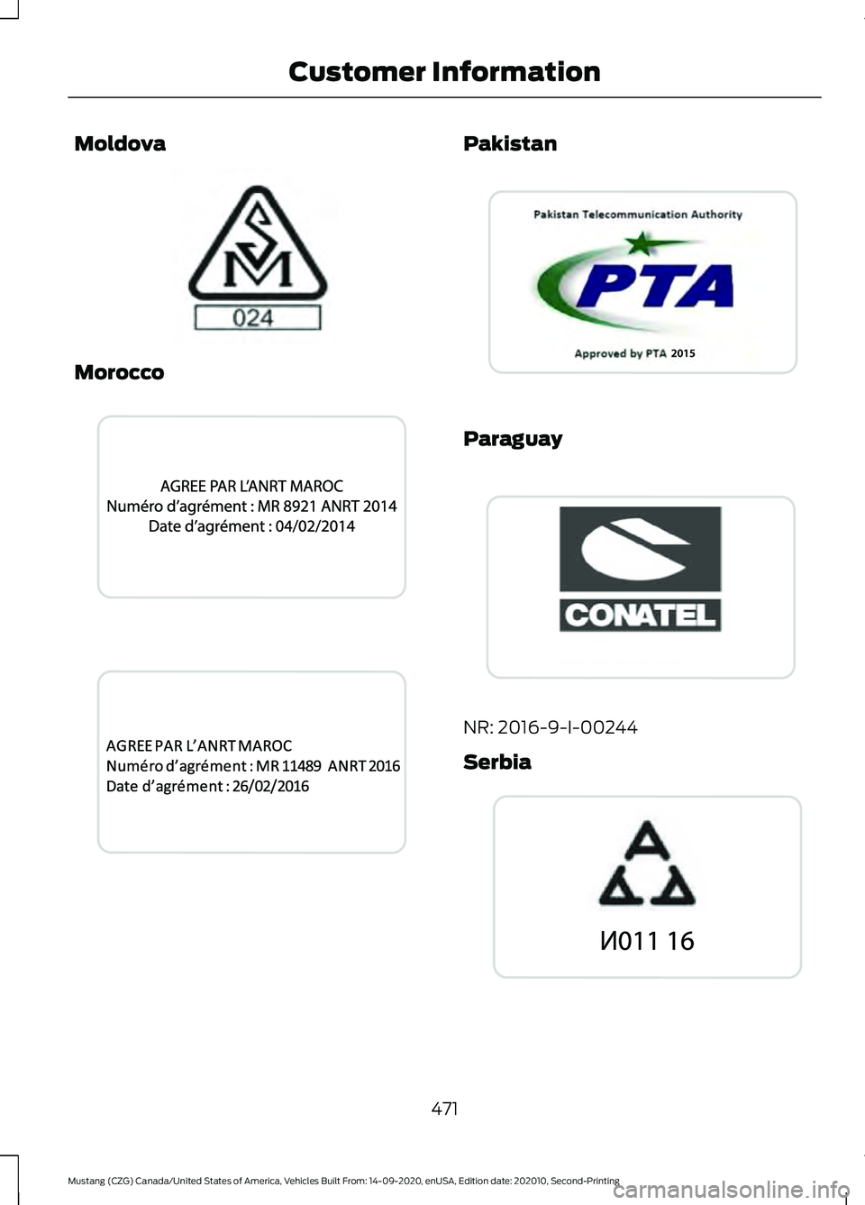 FORD MUSTANG 2021  Owners Manual Moldova
Morocco Pakistan
Paraguay
NR: 2016-9-I-00244
Serbia
471
Mustang (CZG) Canada/United States of America, Vehicles Built From: 14-09-2020, enUSA, Edition date: 202010, Second-Printing Customer In