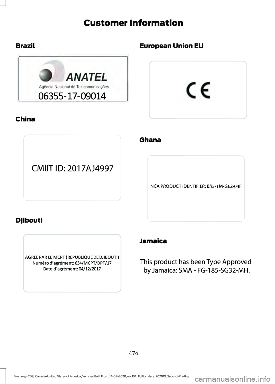 FORD MUSTANG 2021  Owners Manual Brazil
China
Djibouti European Union EU
Ghana
Jamaica
474
Mustang (CZG) Canada/United States of America, Vehicles Built From: 14-09-2020, enUSA, Edition date: 202010, Second-Printing Customer Informat