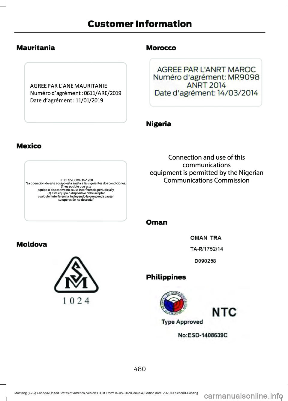 FORD MUSTANG 2021 Owners Manual Mauritania
Mexico
Moldova Morocco
Nigeria
Oman
Philippines
480
Mustang (CZG) Canada/United States of America, Vehicles Built From: 14-09-2020, enUSA, Edition date: 202010, Second-Printing Customer Inf FORD MUSTANG 2021 Owners Manual Mauritania
Mexico
Moldova Morocco
Nigeria
Oman
Philippines
480
Mustang (CZG) Canada/United States of America, Vehicles Built From: 14-09-2020, enUSA, Edition date: 202010, Second-Printing Customer Inf