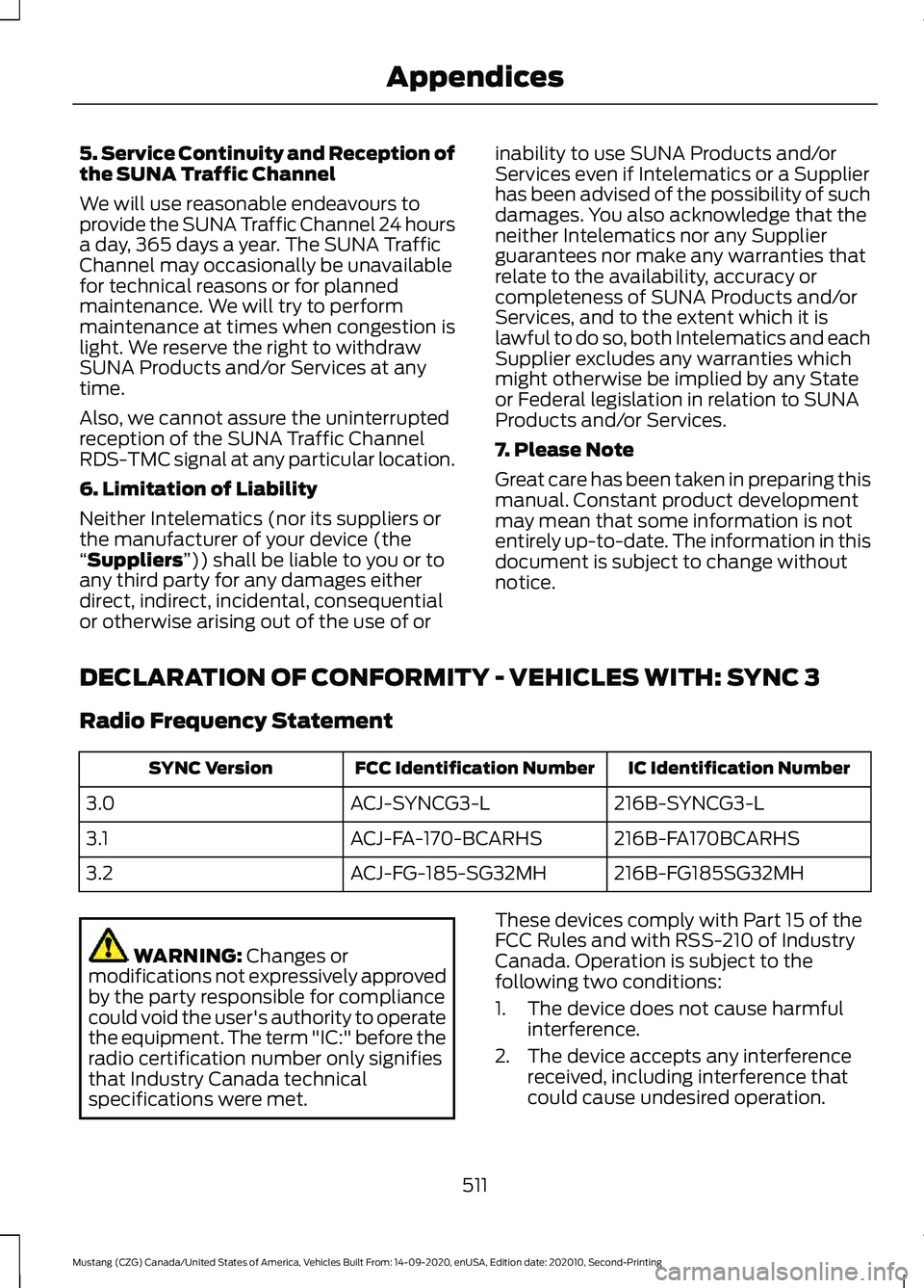 FORD MUSTANG 2021 User Guide 5. Service Continuity and Reception of
the SUNA Traffic Channel
We will use reasonable endeavours to
provide the SUNA Traffic Channel 24 hours
a day, 365 days a year. The SUNA Traffic
Channel may occa FORD MUSTANG 2021 User Guide 5. Service Continuity and Reception of
the SUNA Traffic Channel
We will use reasonable endeavours to
provide the SUNA Traffic Channel 24 hours
a day, 365 days a year. The SUNA Traffic
Channel may occa