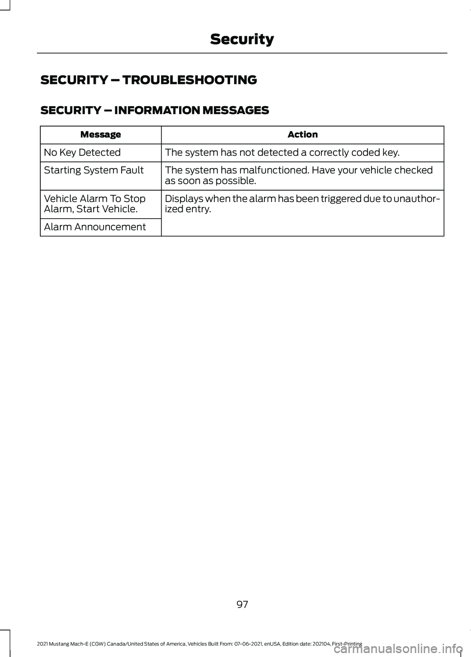 FORD MUSTANG MACH-E 2021 Owners Manual SECURITY – TROUBLESHOOTING
SECURITY – INFORMATION MESSAGES
Action
Message
The system has not detected a correctly coded key.
No Key Detected
The system has malfunctioned. Have your vehicle checked FORD MUSTANG MACH-E 2021 Owners Manual SECURITY – TROUBLESHOOTING
SECURITY – INFORMATION MESSAGES
Action
Message
The system has not detected a correctly coded key.
No Key Detected
The system has malfunctioned. Have your vehicle checked