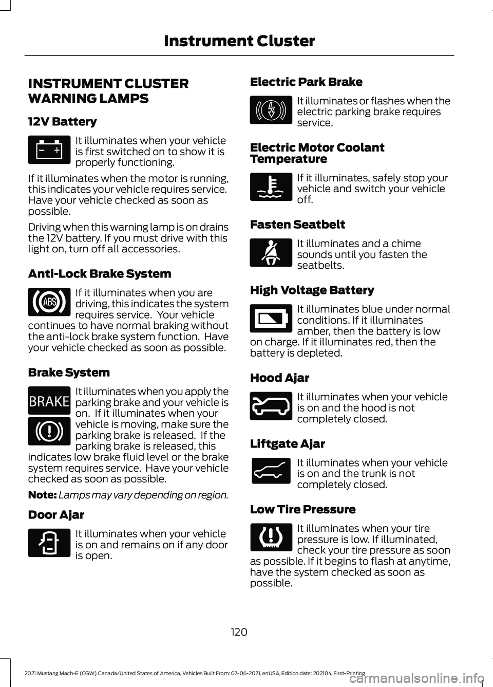 FORD MUSTANG MACH-E 2021  Owners Manual INSTRUMENT CLUSTER
WARNING LAMPS
12V Battery
It illuminates when your vehicle
is first switched on to show it is
properly functioning.
If it illuminates when the motor is running,
this indicates your 