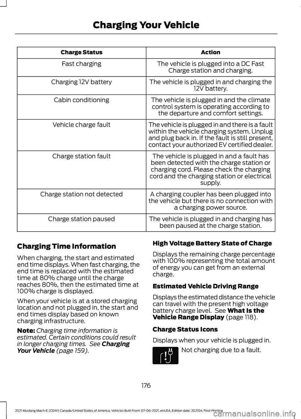 FORD MUSTANG MACH-E 2021  Owners Manual Action
Charge Status
The vehicle is plugged into a DC FastCharge station and charging.
Fast charging
The vehicle is plugged in and charging the12V battery.
Charging 12V battery
The vehicle is plugged 