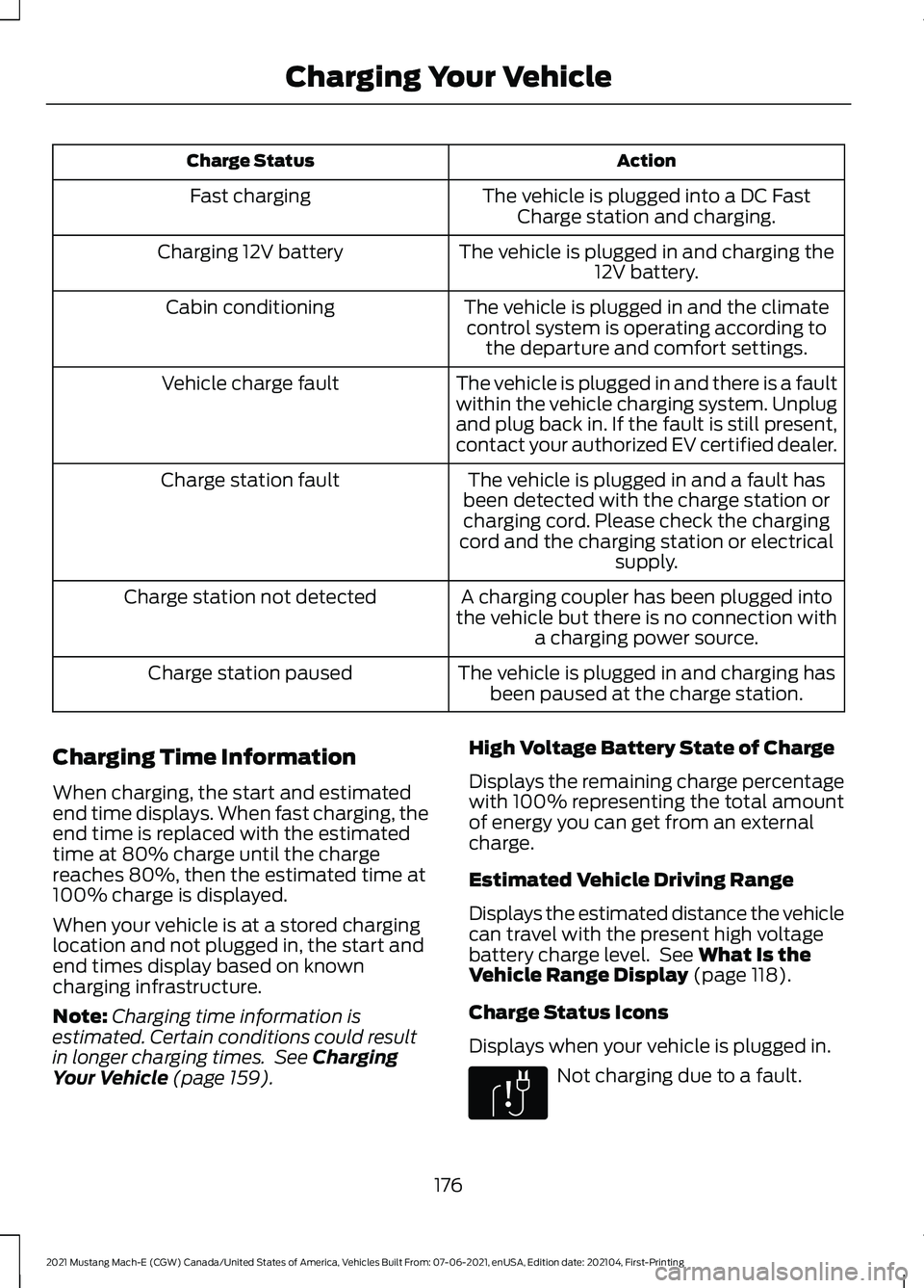 FORD MUSTANG MACH-E 2021 Owners Manual Action
Charge Status
The vehicle is plugged into a DC FastCharge station and charging.
Fast charging
The vehicle is plugged in and charging the12V battery.
Charging 12V battery
The vehicle is plugged FORD MUSTANG MACH-E 2021 Owners Manual Action
Charge Status
The vehicle is plugged into a DC FastCharge station and charging.
Fast charging
The vehicle is plugged in and charging the12V battery.
Charging 12V battery
The vehicle is plugged