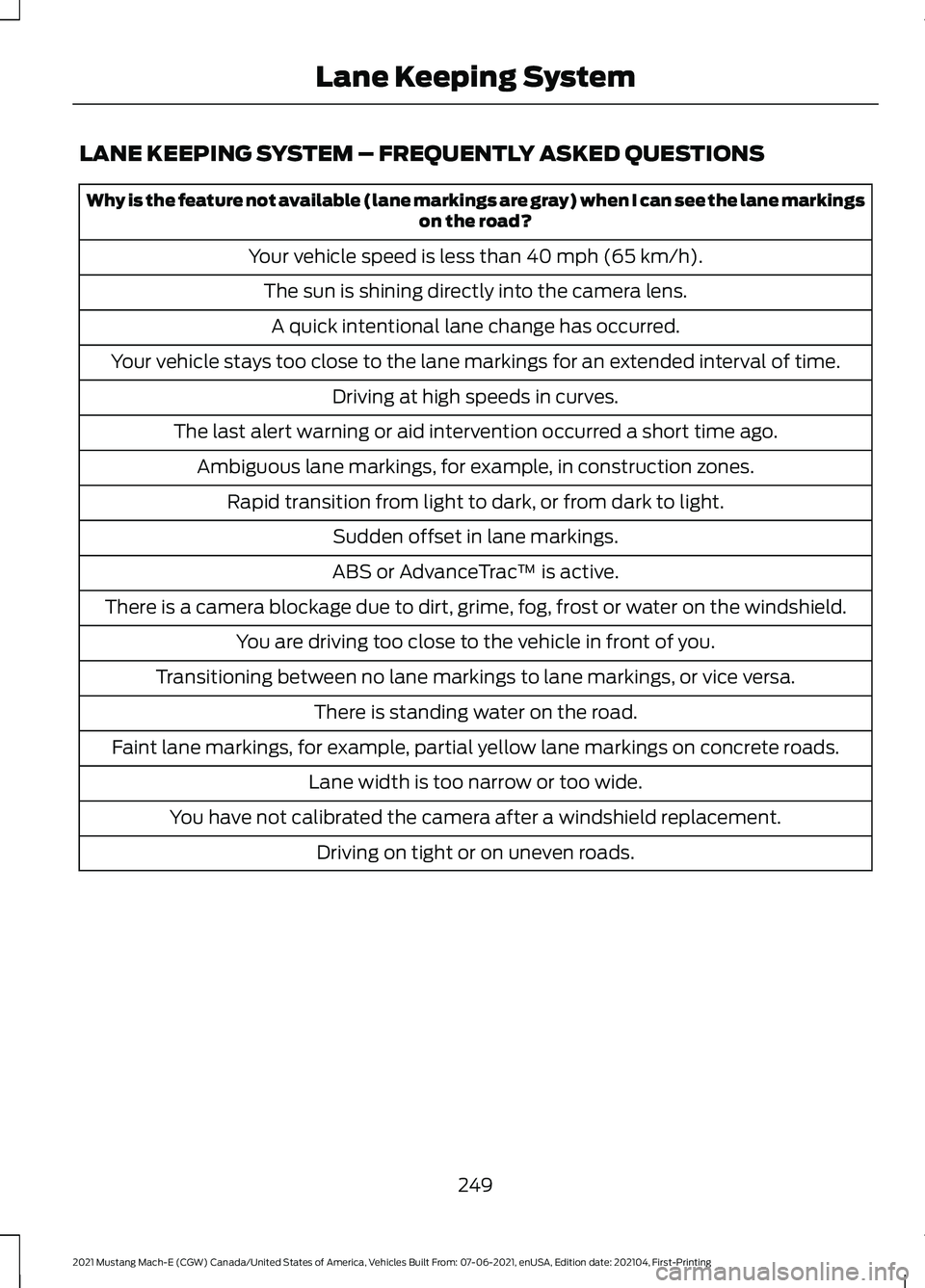 FORD MUSTANG MACH-E 2021  Owners Manual LANE KEEPING SYSTEM – FREQUENTLY ASKED QUESTIONS
Why is the feature not available (lane markings are gray) when I can see the lane markings
on the road?
Your vehicle speed is less than 40 mph (65 km