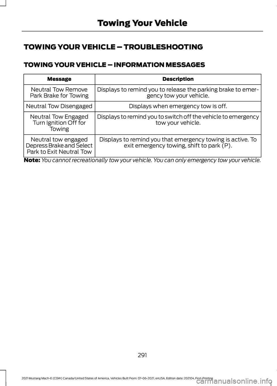 FORD MUSTANG MACH-E 2021 Service Manual TOWING YOUR VEHICLE – TROUBLESHOOTING
TOWING YOUR VEHICLE – INFORMATION MESSAGES
Description
Message
Displays to remind you to release the parking brake to emer-gency tow your vehicle.
Neutral Tow FORD MUSTANG MACH-E 2021 Service Manual TOWING YOUR VEHICLE – TROUBLESHOOTING
TOWING YOUR VEHICLE – INFORMATION MESSAGES
Description
Message
Displays to remind you to release the parking brake to emer-gency tow your vehicle.
Neutral Tow
