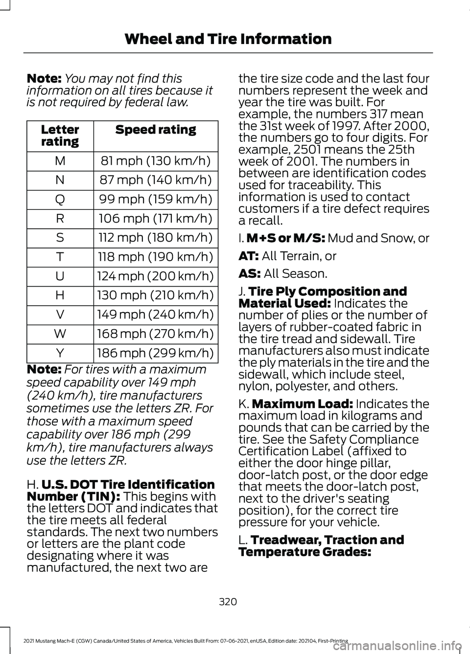 FORD MUSTANG MACH-E 2021  Owners Manual Note:
You may not find this
information on all tires because it
is not required by federal law. Speed rating
Letter
rating
81 mph (130 km/h)
M
87 mph (140 km/h)
N
99 mph (159 km/h)
Q
106 mph (171 km/h