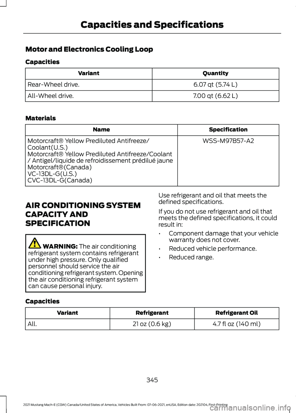 FORD MUSTANG MACH-E 2021  Owners Manual Motor and Electronics Cooling Loop
Capacities
Quantity
Variant
6.07 qt (5.74 L)
Rear-Wheel drive.
7.00 qt (6.62 L)
All-Wheel drive.
Materials Specification
Name
WSS-M97B57-A2
Motorcraft® Yellow Predi