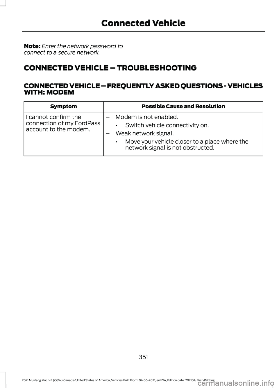 FORD MUSTANG MACH-E 2021 Owners Manual Note:
Enter the network password to
connect to a secure network.
CONNECTED VEHICLE – TROUBLESHOOTING
CONNECTED VEHICLE – FREQUENTLY ASKED QUESTIONS - VEHICLES
WITH: MODEM Possible Cause and Resolu