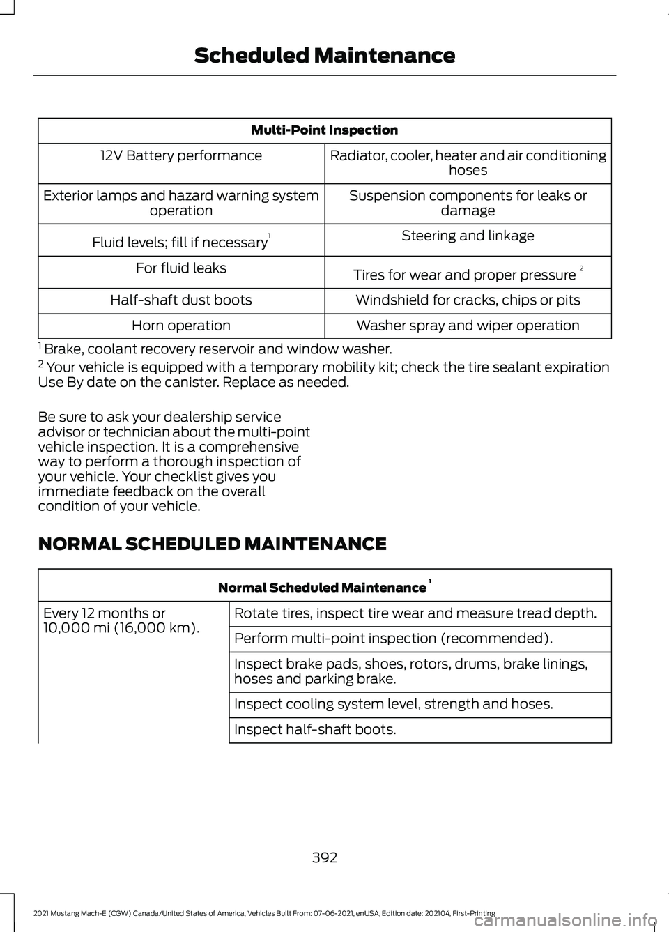 FORD MUSTANG MACH-E 2021  Owners Manual Multi-Point Inspection
Radiator, cooler, heater and air conditioning hoses
12V Battery performance
Suspension components for leaks ordamage
Exterior lamps and hazard warning system
operation
Steering 